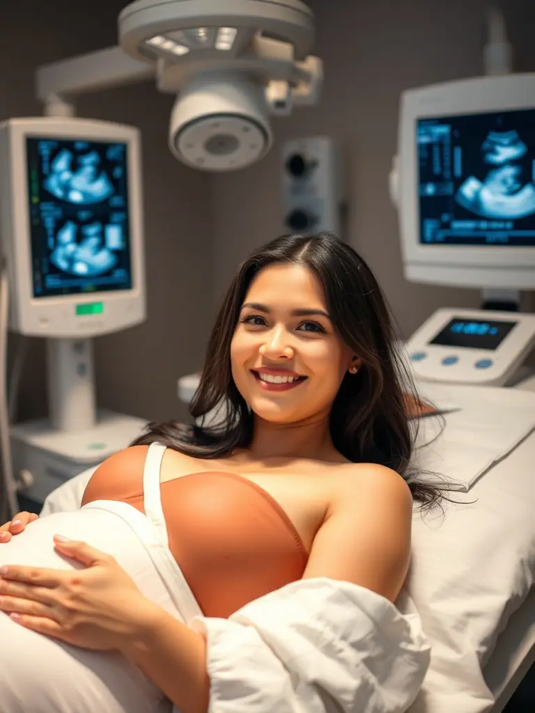 A joyful expectant mother during a prenatal ultrasound with a caring obstetrician.