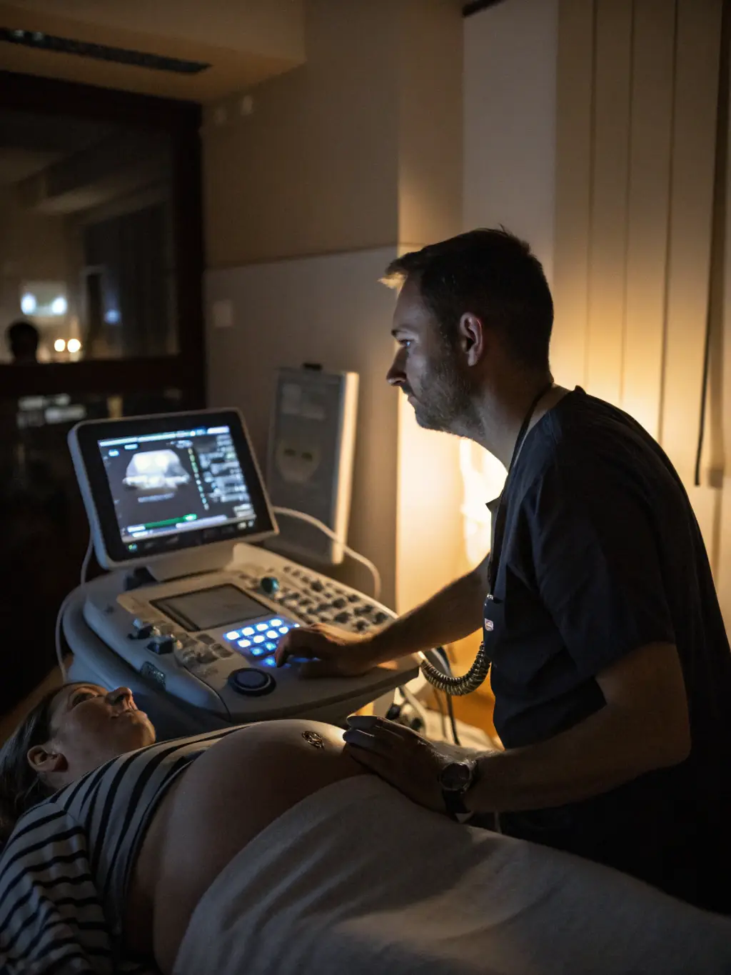 An ultrasound technician performing a detailed fetal ultrasound scan in a modern clinic.