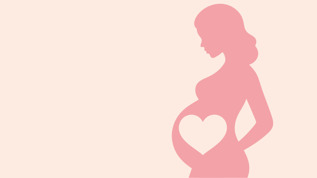 Pink silhouette of a pregnant woman with a heart shape on her belly symbolizing love and motherhood